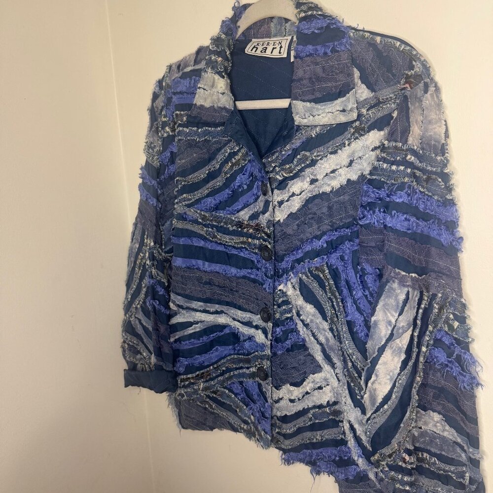 Keren Hart Blue Patchwork Geometric Design VTG Blouse Top Size Large Women Boho